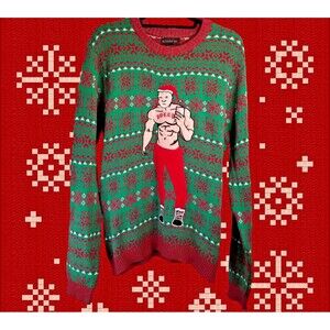 SEXY Santa Christmas Sweater Red & Green Applique Size XL Long Sleeve CUTE